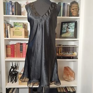 Short Black Chemise with Deep V-Neck and  Ruffle Hem